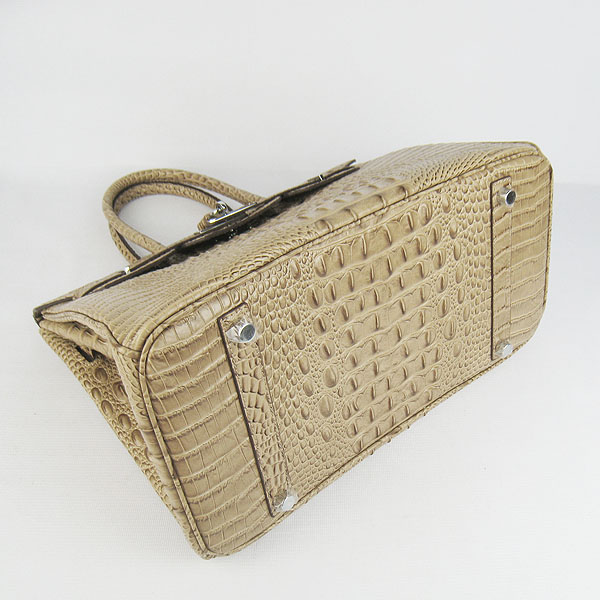 High Quality Fake Hermes Birkin 35CM Crocodile Head Veins Leather Bag Apricot 6089